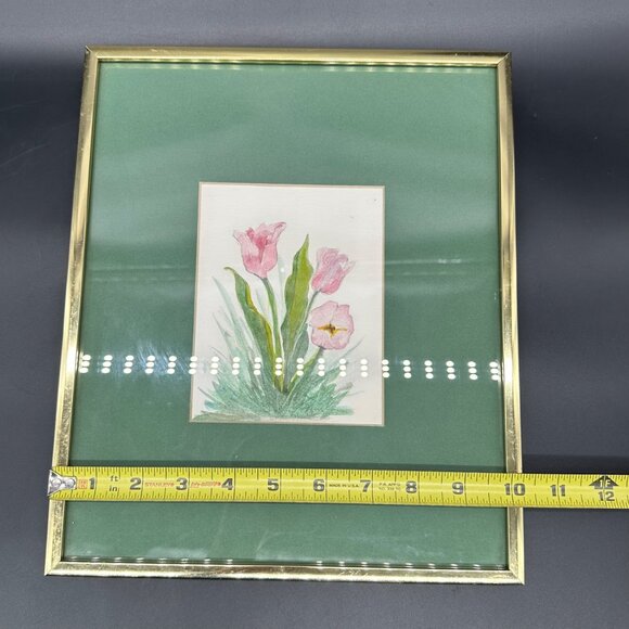 Watercolor Painting Tulips Pink Flower Gold Frame Signed Art Wall Hanging Floral - Picture 9 of 9